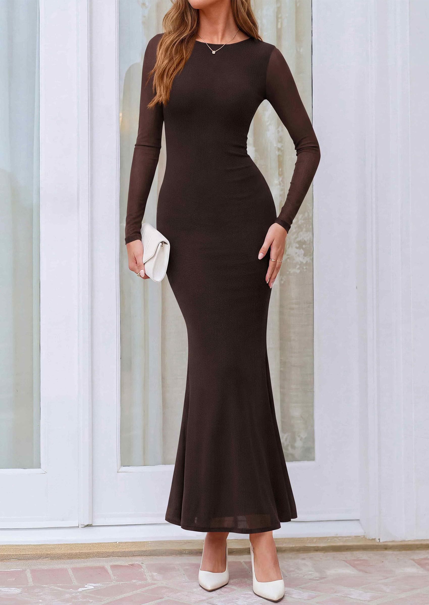PRETTYGARDEN Women's Mesh Long Sleeve Bodycon Maxi Dress | Fall Wedding Guest Dresses, Boat Neck, Slim Fitted, Elegant Evening Wear, Formal Cocktail Holiday Party, Date Night Outfits