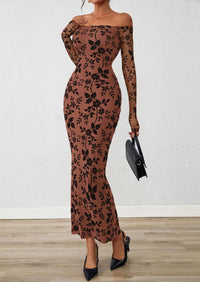 PRETTYGARDEN Womens Off The Shoulder Floral Maxi Bodycon Dress Fall Long Sleeve Mesh Fitted Long Formal Wedding Guest Dresses PRETTYGARDEN