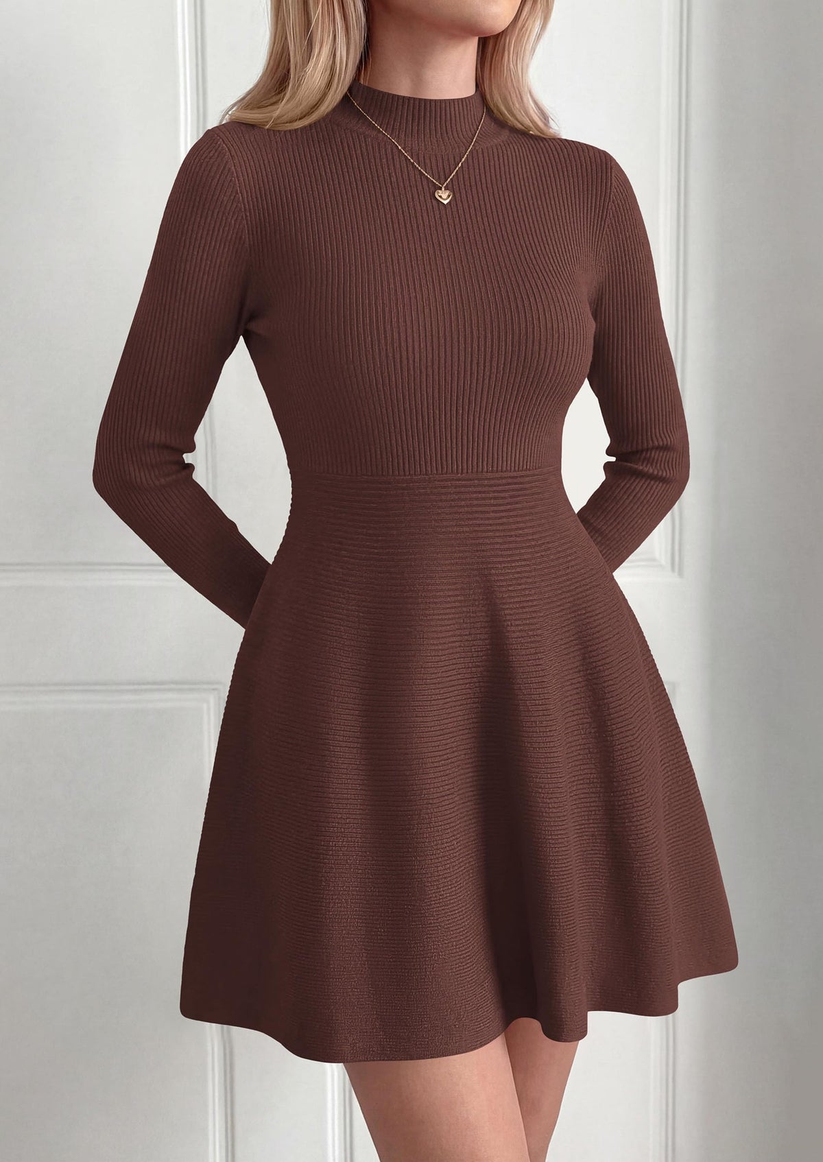 PRETTYGARDEN Womens Mock Neck Long Sleeve Sweater Mini Dress | Soft Ribbed Knit Flared A‑Line, Elegant Fall Winter Dresses for Wedding Guest, Cocktail & Holiday Party Casual Outfits