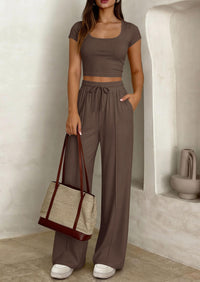 PRETTYGARDEN Women's 2 Piece Matching Lounge Sets Ribbed Short Sleeve Crop Tops Wide Leg Pants Summer Airport Outfits PRETTYGARDEN