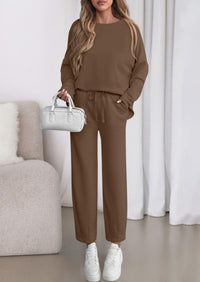 PRETTYGARDEN Womens 2 Piece Matching Lounge Sets Fall Long Sleeve Boatneck Sweatsuit Drawstring Sweatpants Pockets