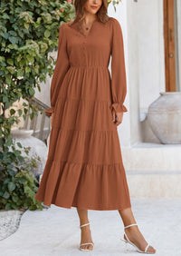 PRETTYGARDEN Women Fall Long Sleeve Smocked Maxi Dress Casual Square Neck Swiss Dot Tiered Ruffle Flowy Spring Pocket Dresses