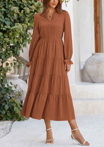 PRETTYGARDEN Women Fall Long Sleeve Smocked Maxi Dress Casual Square Neck Swiss Dot Tiered Ruffle Flowy Spring Pocket Dresses