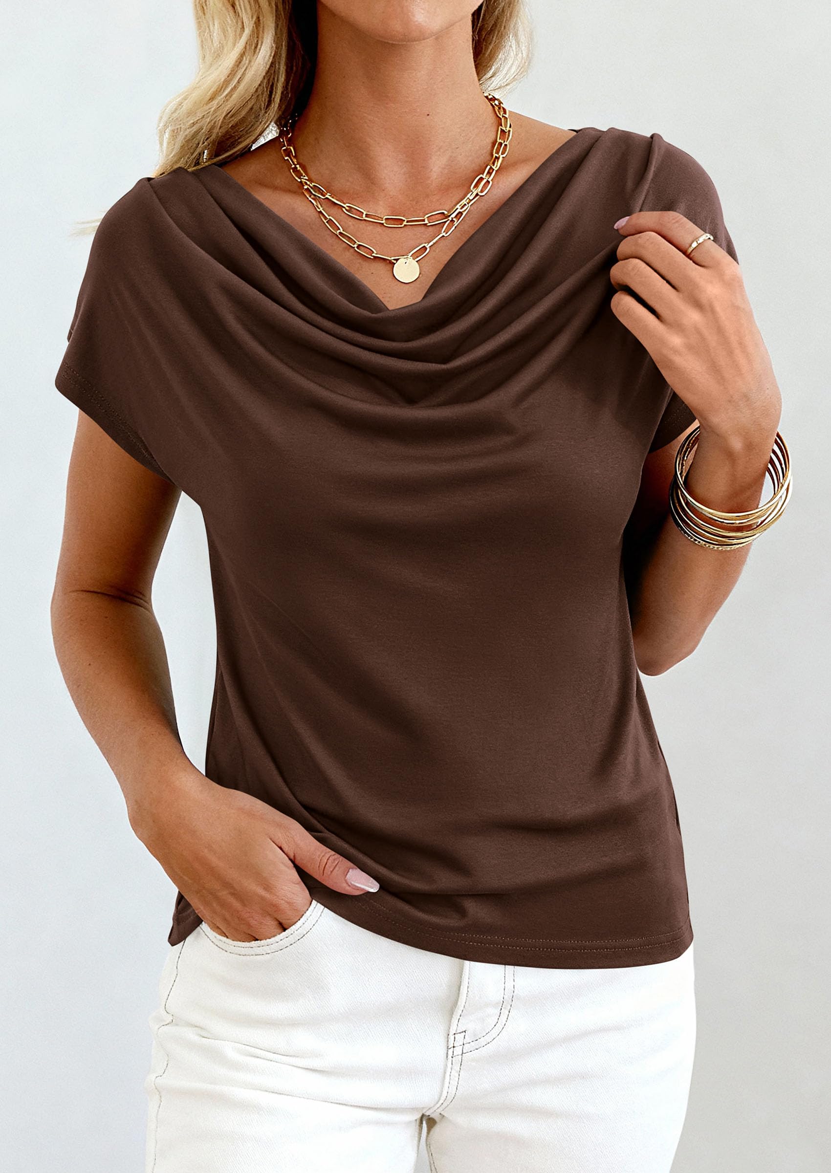 PRETTYGARDEN Blouses for Women Dressy Casual 2026 Summer Cowl Neck Short Sleeve Tops Spring Work Office Teacher Shirts PRETTYGARDEN