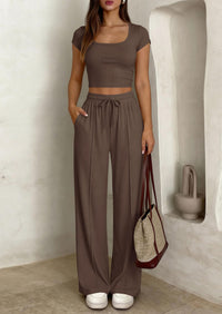 PRETTYGARDEN Women's 2 Piece Matching Lounge Sets Ribbed Short Sleeve Crop Tops Wide Leg Pants Summer Airport Outfits PRETTYGARDEN