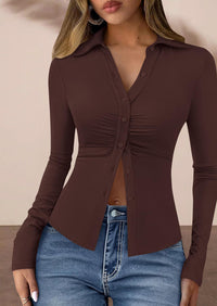 PRETTYGARDEN Womens Button Down Shirts V Neck Collared Ruched Slim Fit Long Sleeve Shirt Casual Fall Fashion Ladies Tops PRETTYGARDEN