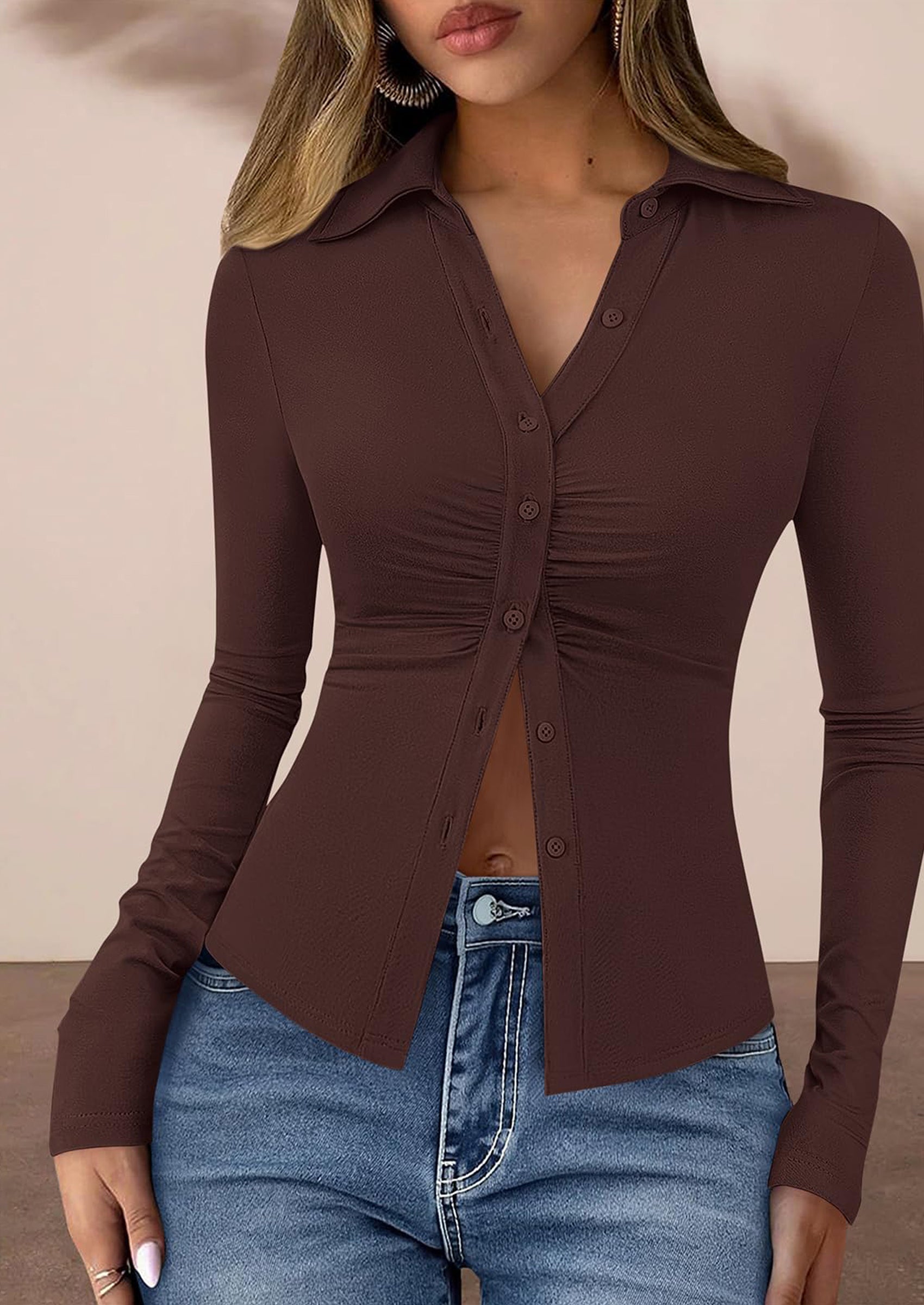 PRETTYGARDEN Womens Button Down Shirts V Neck Collared Ruched Slim Fit Long Sleeve Shirt Casual Fall Fashion Ladies Tops PRETTYGARDEN