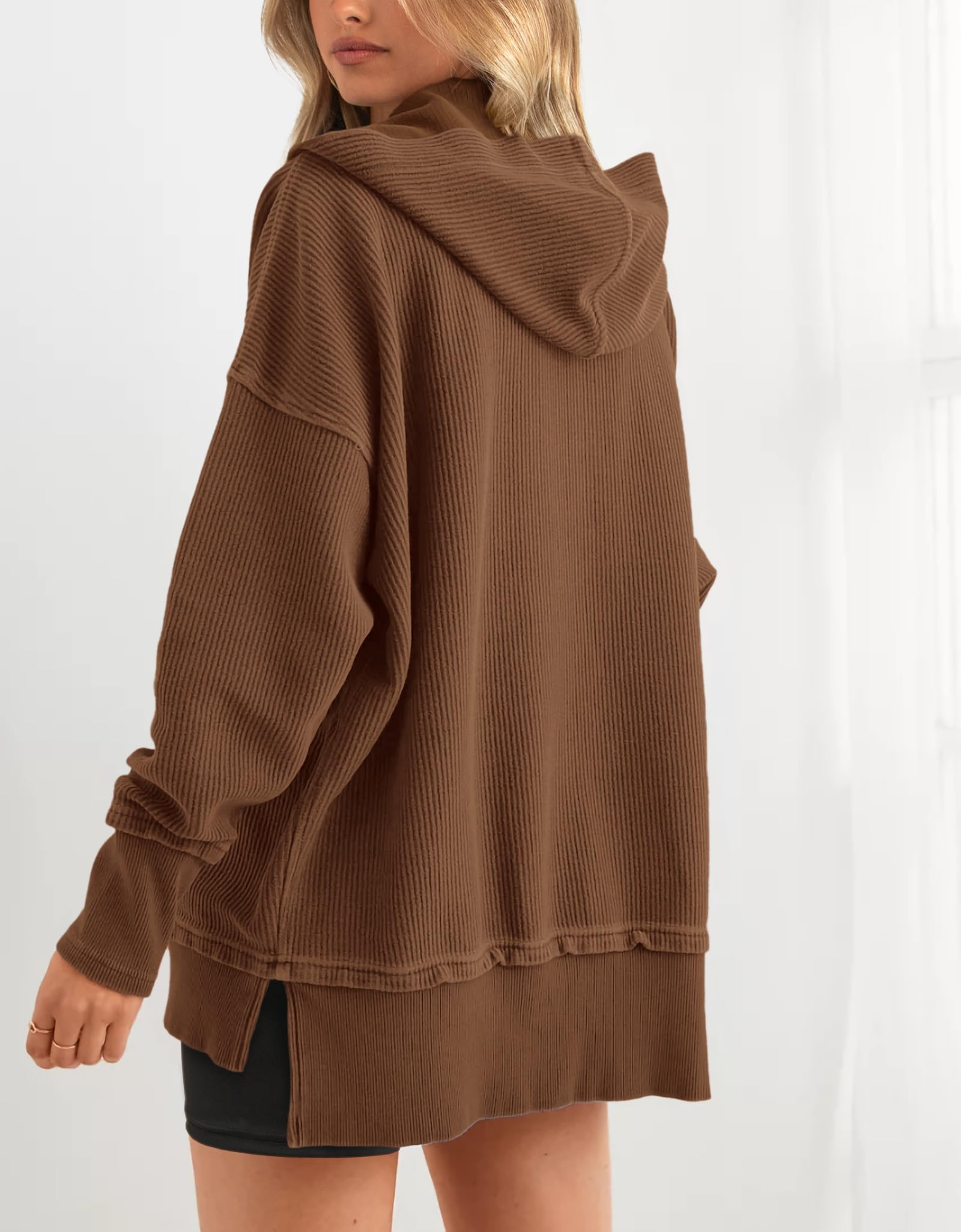 PRETTYGARDEN Womens Fashion Oversized Long Sleeve Hoodie Button Down V Neck Sweatshirt Side Slit Casual Pullover Tops PRETTYGARDEN