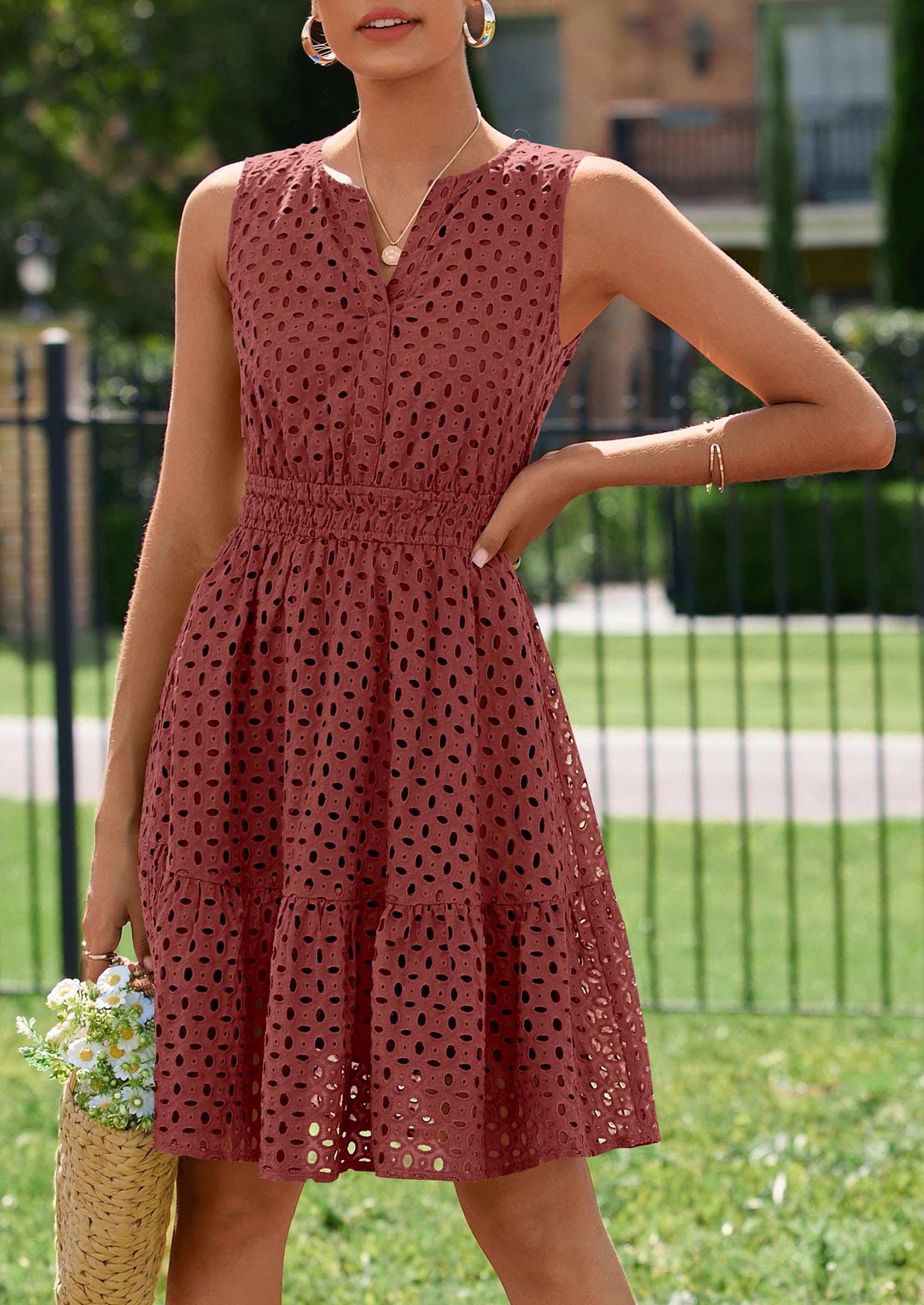 PRETTYGARDEN Women's Summer Dresses Sleeveless V Neck Eyelet Hollow Out Swing A Line Beach Vacation Sun Dress PRETTYGARDEN