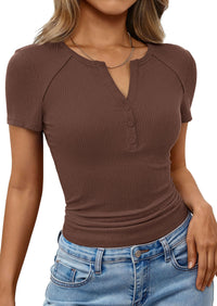 PRETTYGARDEN Womens Summer Short Sleeve Tops 2026 Spring Casual V Neck Henley Button Up T Shirts Dressy Ribbed Knit Blouses PRETTYGARDEN