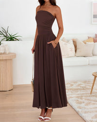 BTFBM Summer Maxi Dresses for Women Strapless Ruched Tube Top Beach Vacation Spring Wedding Guest Dress Pockets PRETTYGARDEN