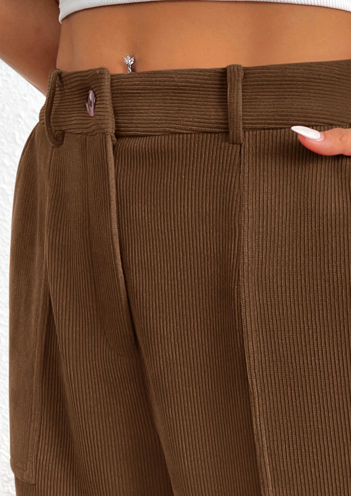 Women's Dressy Casual Pants Elastic High Waisted Work Office Corduroy Trouser Slacks with Pockets