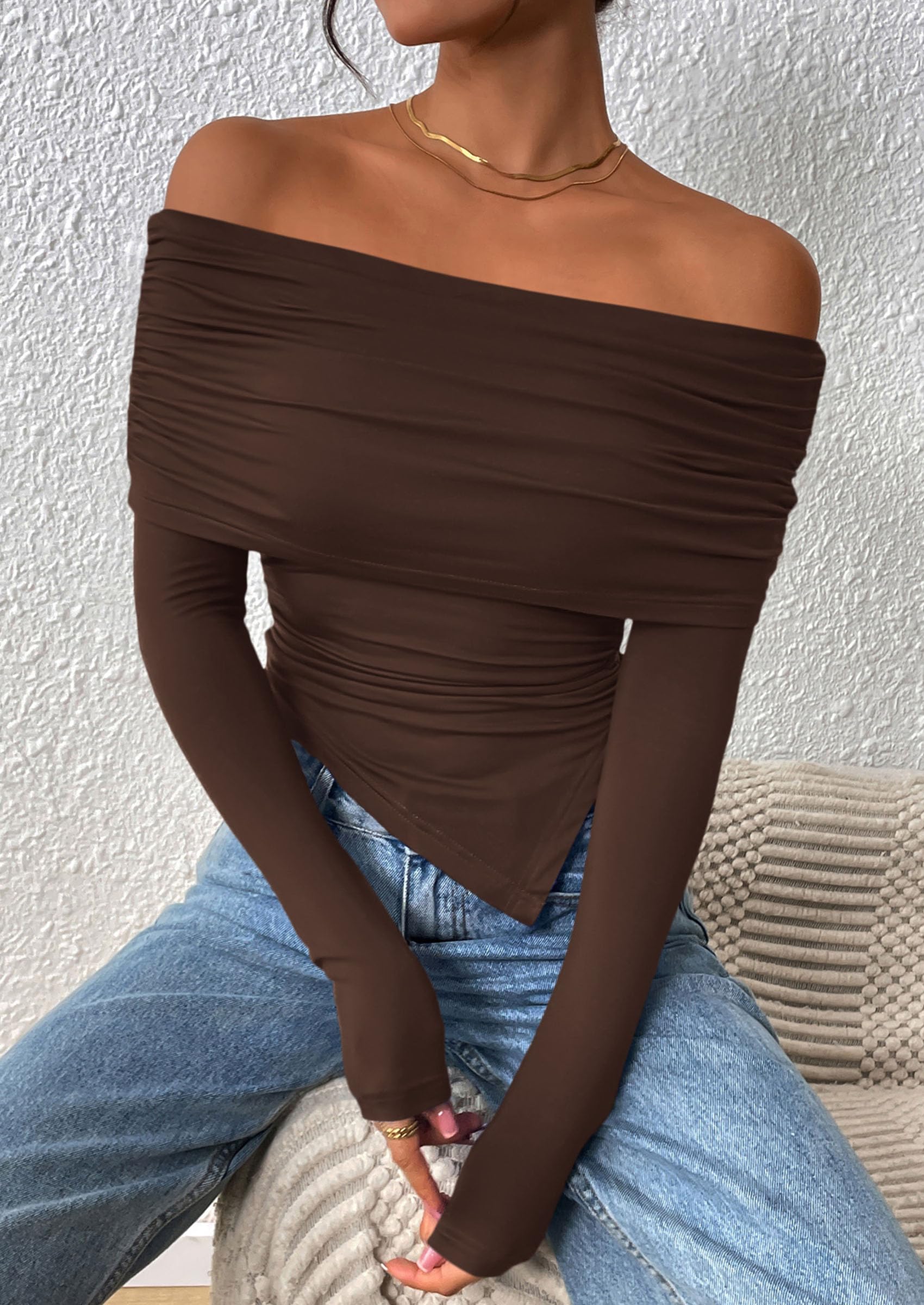 PRETTYGARDEN Women's Long Sleeve Shirts Off Shoulder Tops Going Out Slim Fitted Y2K Blouses Fall Fashion Clothes