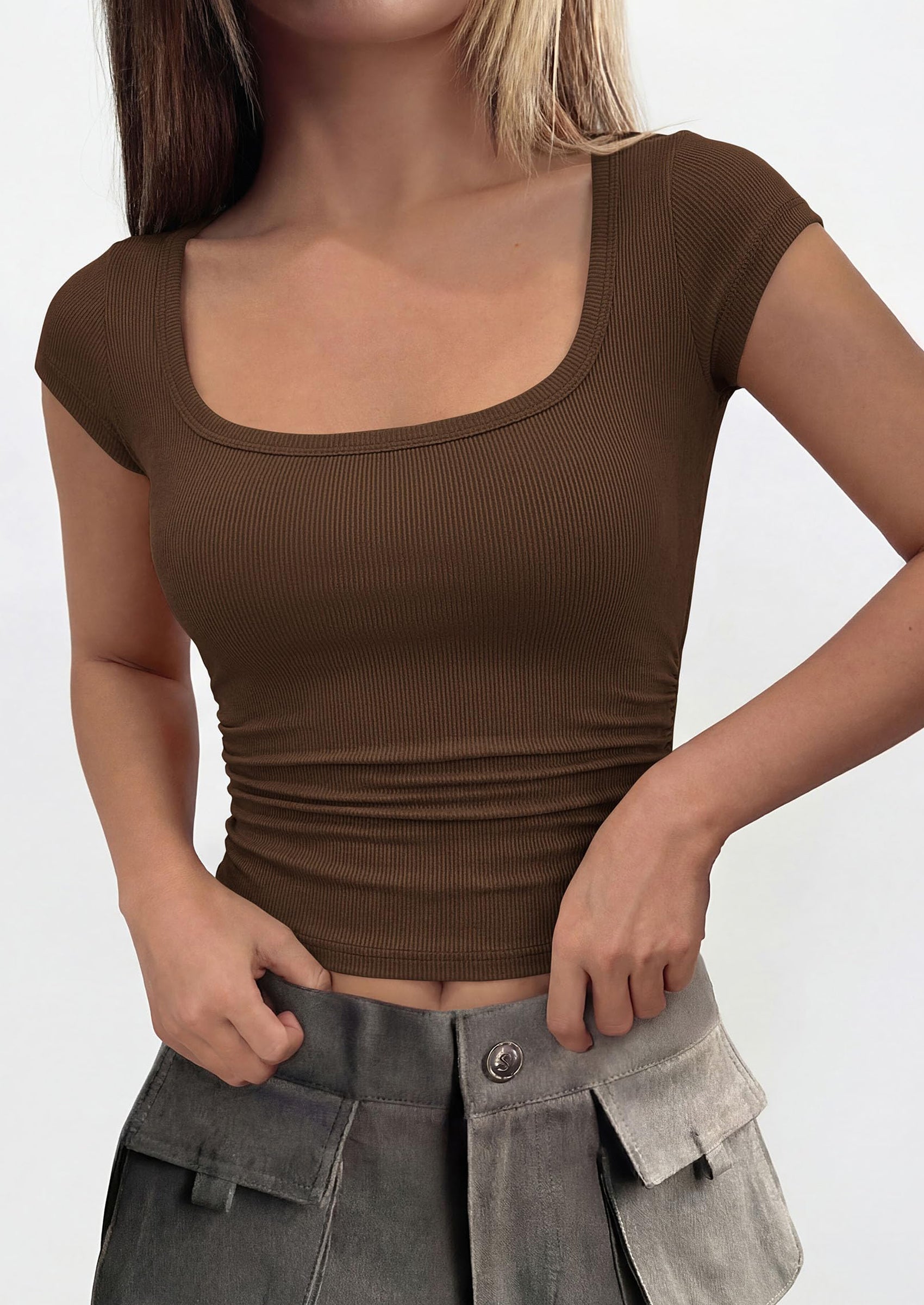 PRETTYGARDEN Womens Cap Sleeve T Shirts Square Neck Basic Tees Slim Fit Ribbed Knit Spring Going Out Tops Summer Clothes PRETTYGARDEN