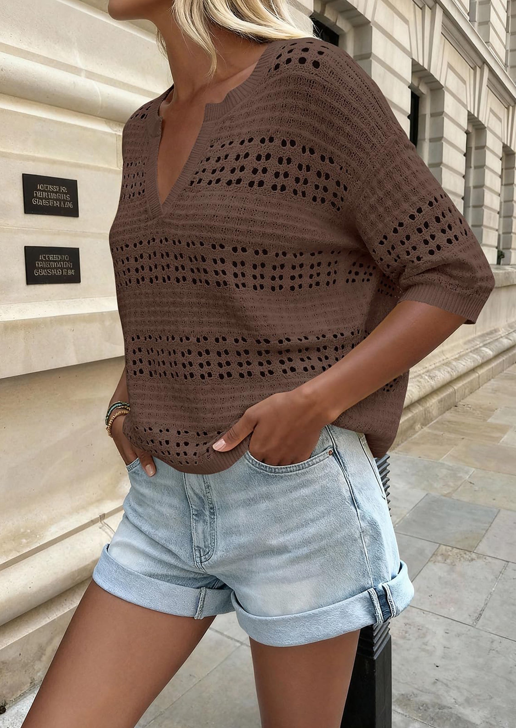 PRETTYGARDEN Womens Crochet Tops Casual Cotton Hollow Out Knit Short Sleeve Oversized Sweater for Women Summer Beach Cover Up PRETTYGARDEN