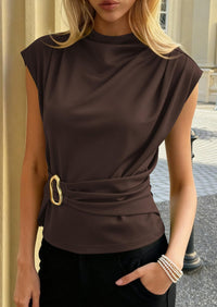 PRETTYGARDEN Women Blouses Spring Dressy Cap Sleeve Mock Neck Work Shirts Buckle Tunic Summer Business Casual Tops PRETTYGARDEN