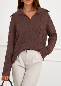 PRETTYGARDEN Fall Cable Knit Oversized Sweaters for Women Polo V Neck Long Sleeve Casual Chunky Sweater Pullover Tops PRETTYGARDEN