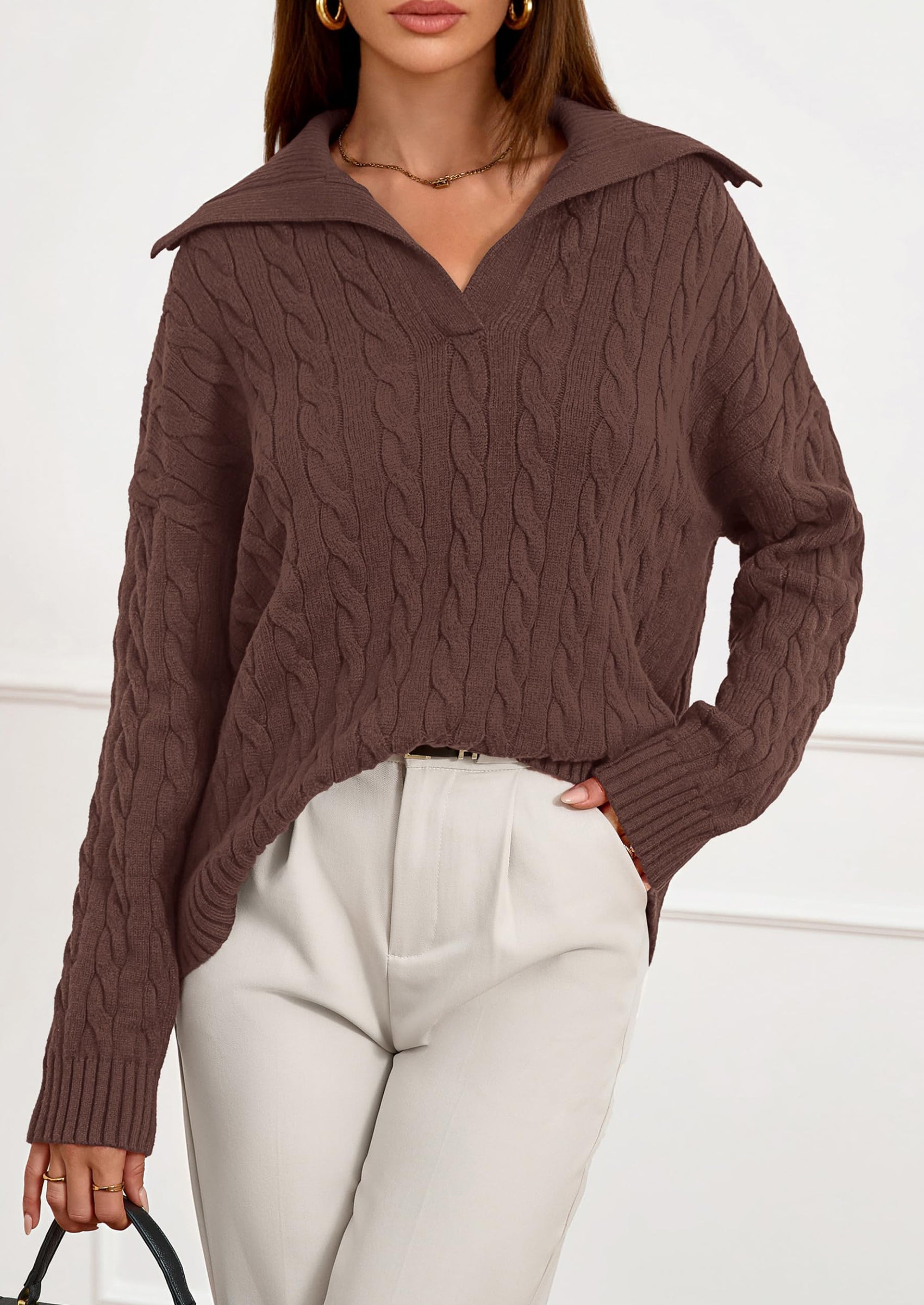 PRETTYGARDEN Fall Cable Knit Oversized Sweaters for Women Polo V Neck Long Sleeve Casual Chunky Sweater Pullover Tops PRETTYGARDEN