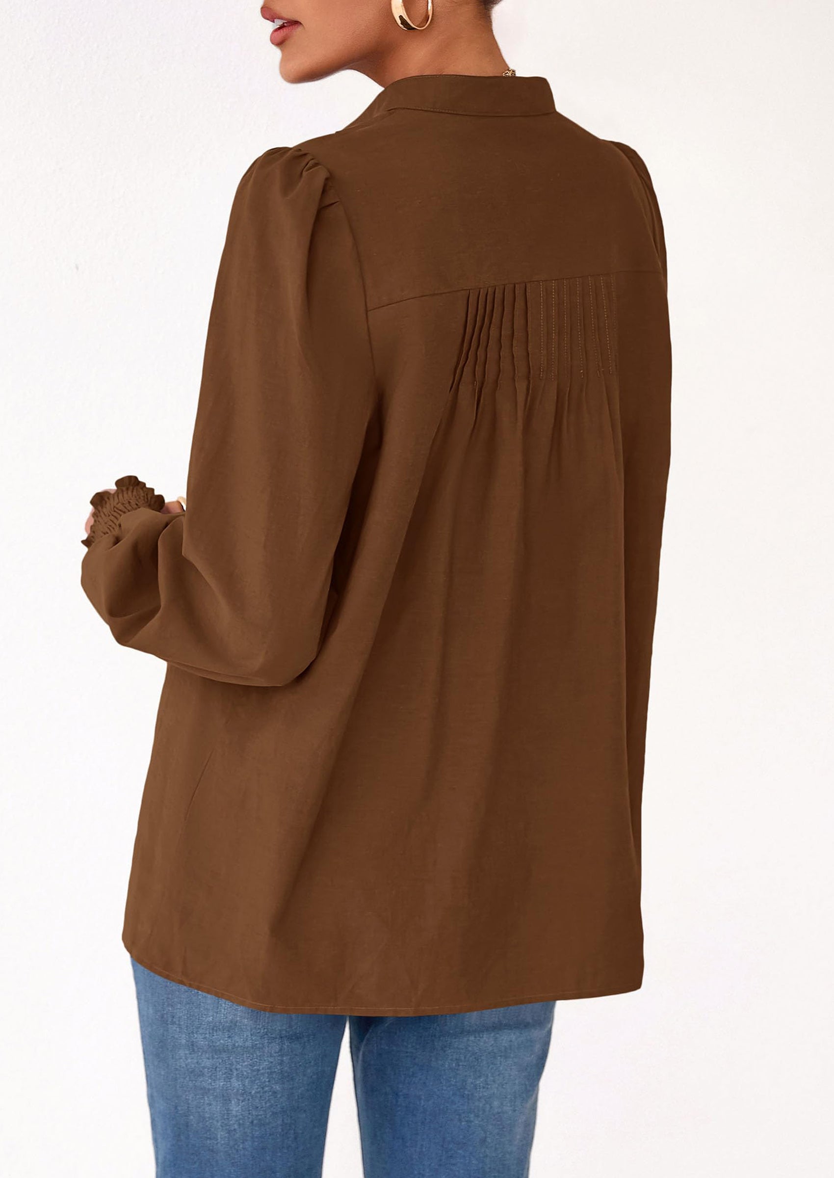 PRETTYGARDEN Womens Fall Lantern Long Sleeve Shirts Trendy Button V Neck Pleated Henley Tops Loose Work Blouses