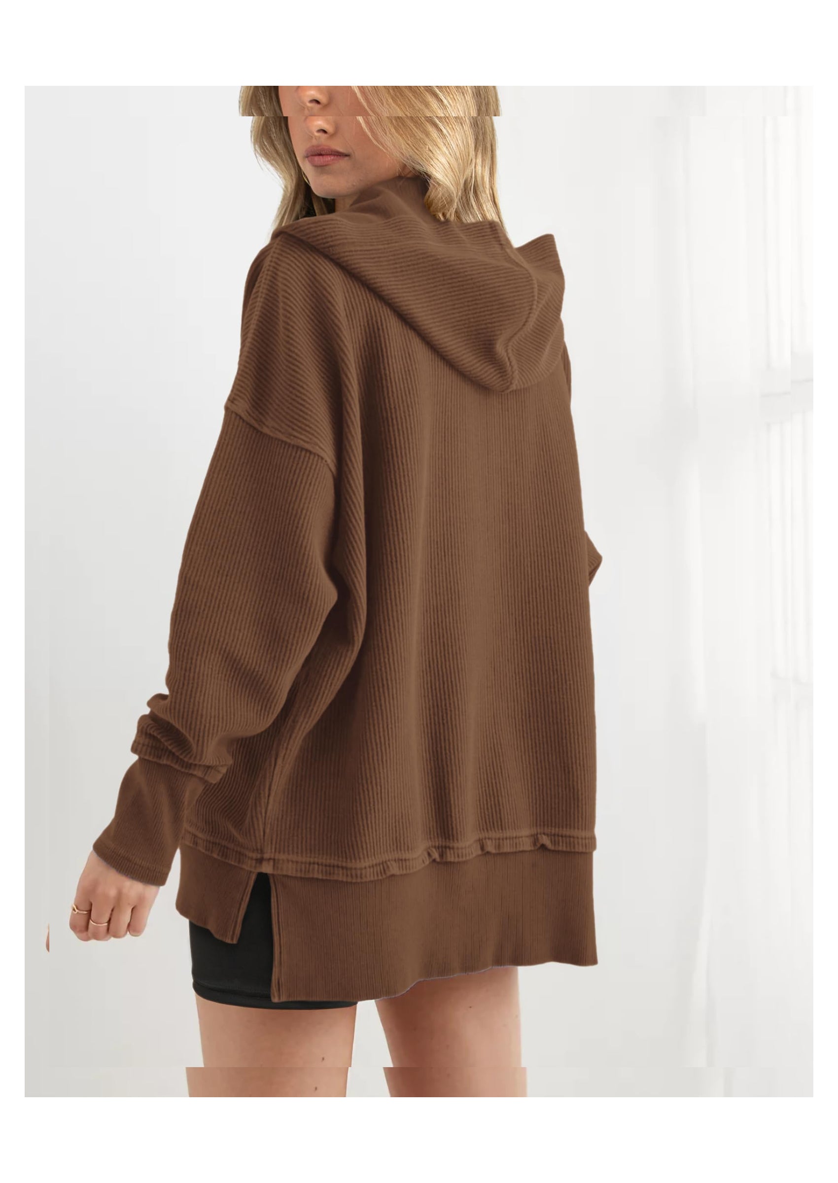 PRETTYGARDEN Womens Fashion Oversized Long Sleeve Hoodie Button Down V Neck Sweatshirt Side Slit Casual Pullover Tops