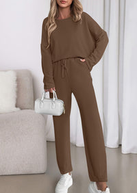 PRETTYGARDEN Womens 2 Piece Matching Lounge Sets Fall Long Sleeve Boatneck Sweatsuit Drawstring Sweatpants Pockets