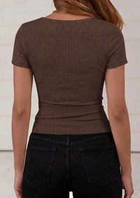 PRETTYGARDEN Womens Summer Tops Cute Cowl Neck Short Sleeve Shirts Ribbed Knit Fitted Crop Top Spring Ruched Blouse PRETTYGARDEN