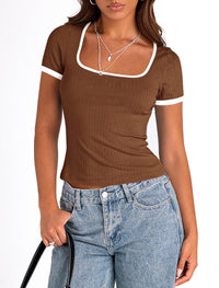 Summer Casual Short Sleeve Ribbed Knit Square Neck Color Block Slim Fit Basic Crop Tops