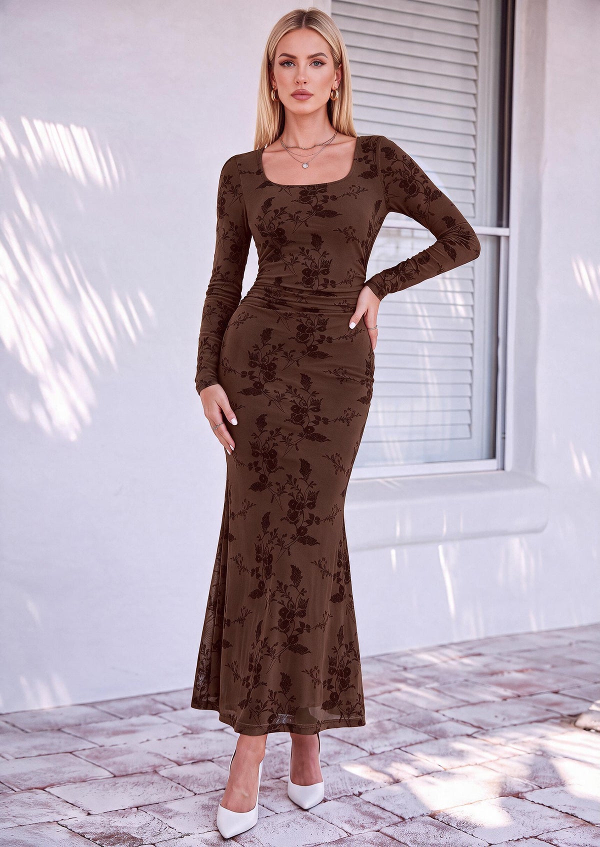 PRETTYGARDEN Women's Long Sleeve Floral Maxi Bodycon Dress  Cocktail Dresses for Wedding Guest, Square Neck, Stretchy Mesh, Elegant Classy, Formal Holiday Party, Fall Date Night Outfits