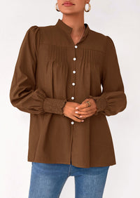 PRETTYGARDEN Womens Fall Lantern Long Sleeve Shirts Trendy Button V Neck Pleated Henley Tops Loose Work Blouses