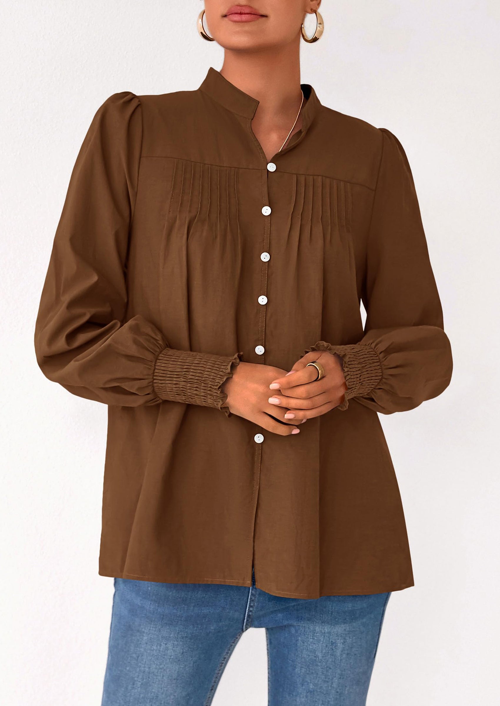 PRETTYGARDEN Womens Fall Lantern Long Sleeve Shirts Trendy Button V Neck Pleated Henley Tops Loose Work Blouses