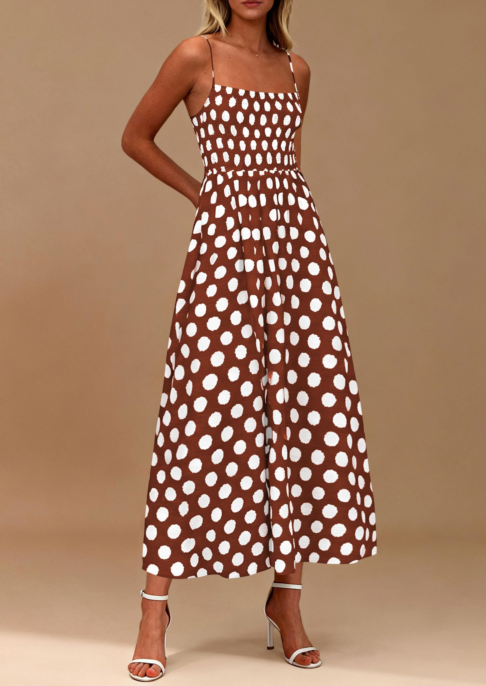 PRETTYGARDEN Womens Summer Dresses Spring Sleeveless Spaghetti Straps Casual Midi Dress Polka Dot Smocked Beach Sundress PRETTYGARDEN