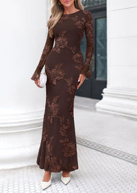 PRETTYGARDEN Women's Formal Floral Maxi Bodycon Dresses  Ruffle Long Sleeve, Fall Winter Outfits 2026 for Wedding Guest, Homecoming & Cocktail, Slimming Mesh Dress with Lining