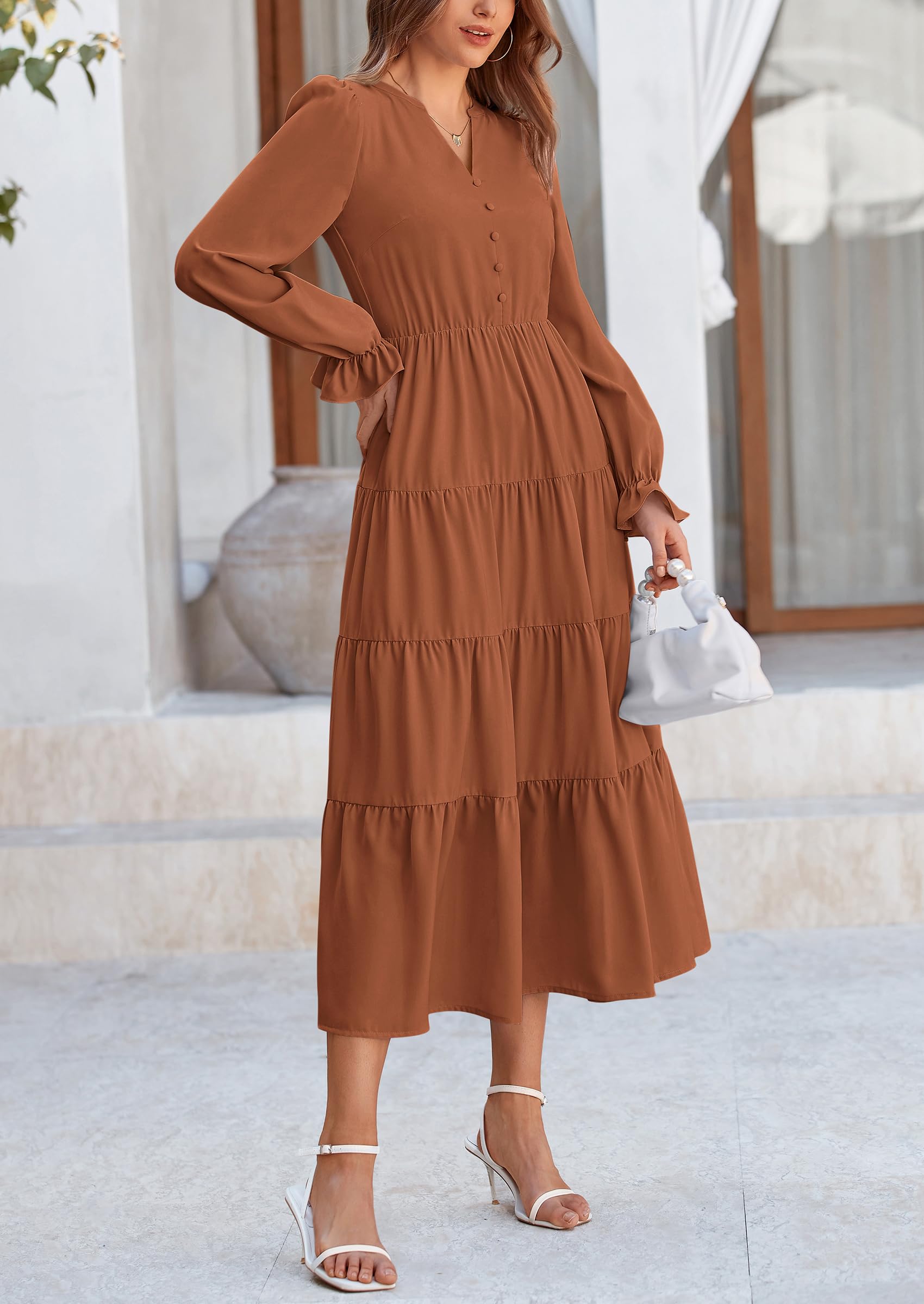 PRETTYGARDEN Women Fall Long Sleeve Smocked Maxi Dress Casual Square Neck Swiss Dot Tiered Ruffle Flowy Spring Pocket Dresses