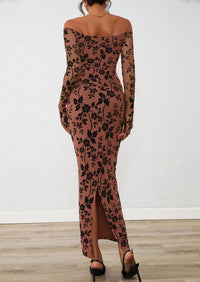 PRETTYGARDEN Womens Off The Shoulder Floral Maxi Bodycon Dress Fall Long Sleeve Mesh Fitted Long Formal Wedding Guest Dresses PRETTYGARDEN