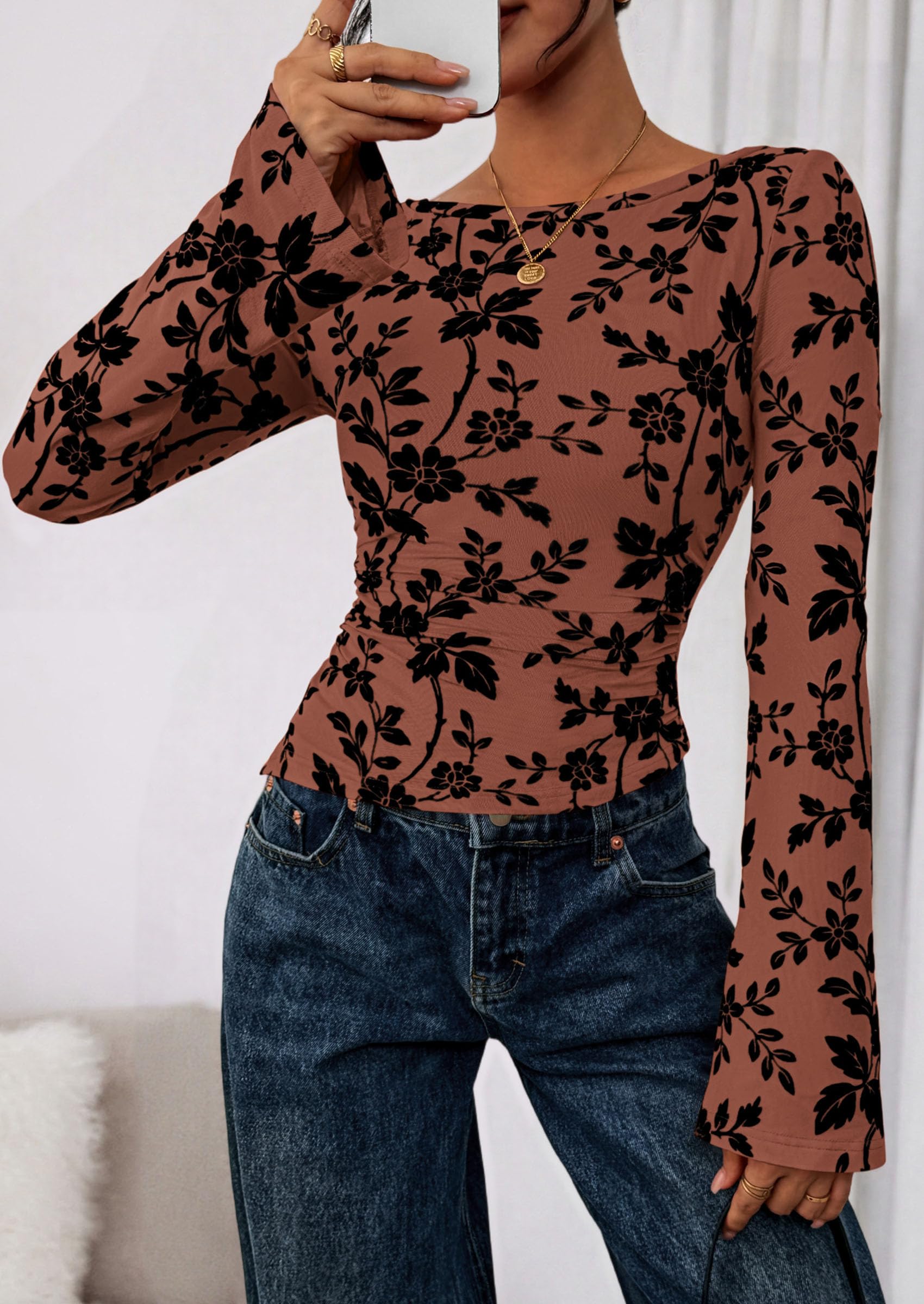 PRETTYGARDEN Women Long Sleeve Floral Mesh Tops Blouse  Fall Trendy Boat Neck Ruched Fitted Shirt Going Out Date Outfits