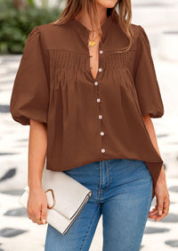 Women's 2025 Summer Short Lantern Sleeve Tops Loose Fit Button Down Shirt Casual Pleated V Neck Blouses