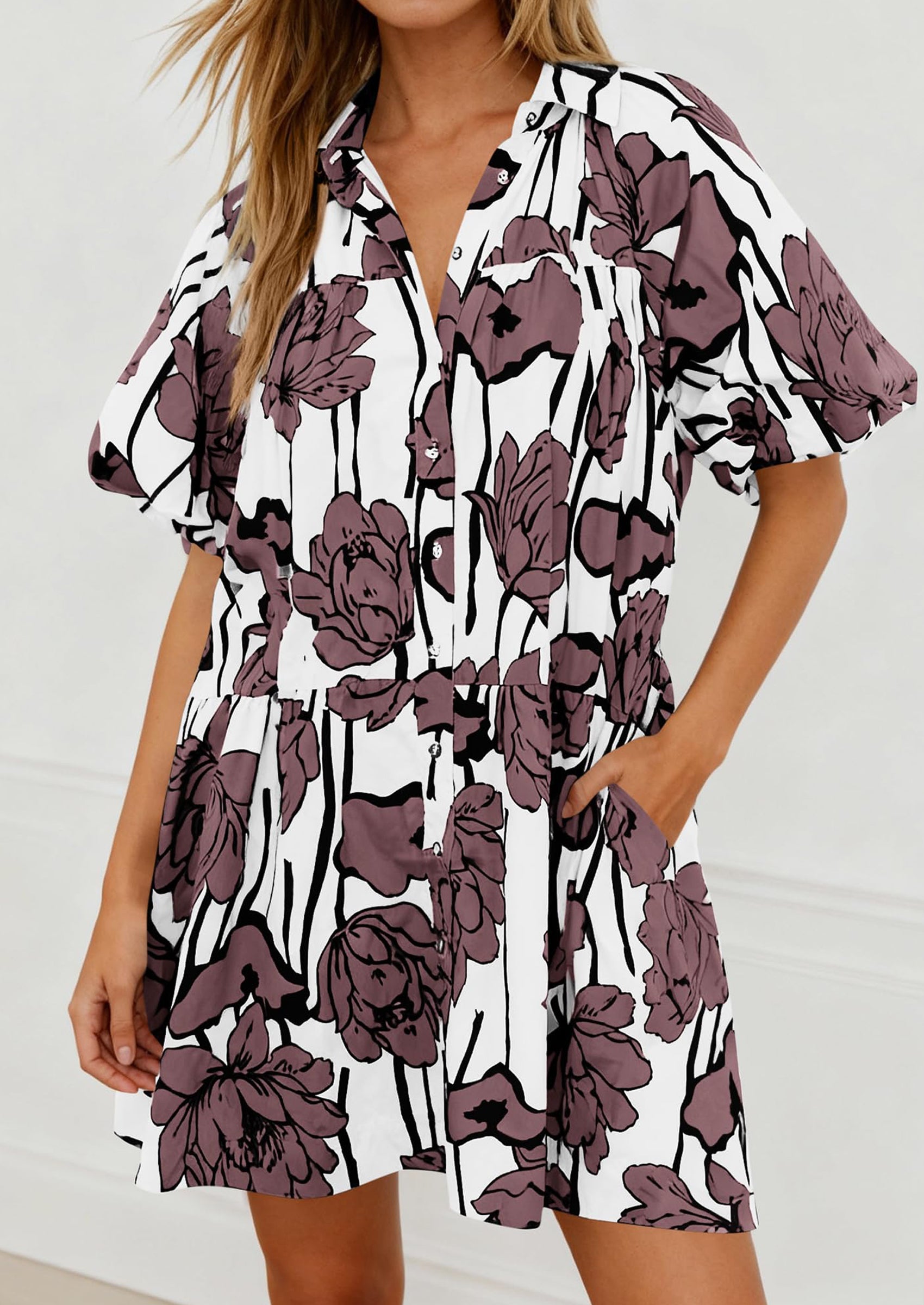 PRETTYGARDEN Womens Summer Dresses 2026 Casual Puff Sleeve Button Down Mini Shirt Dress Boho Floral Babydoll Sun Dress PRETTYGARDEN