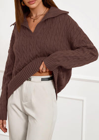 PRETTYGARDEN Fall Cable Knit Oversized Sweaters for Women Polo V Neck Long Sleeve Casual Chunky Sweater Pullover Tops PRETTYGARDEN