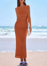 PRETTYGARDEN Women's Summer Maxi Dresses Sleeveless Ruffle Formal Wedding Guest Cocktail Mesh Bodycon Split Long Dress PRETTYGARDEN