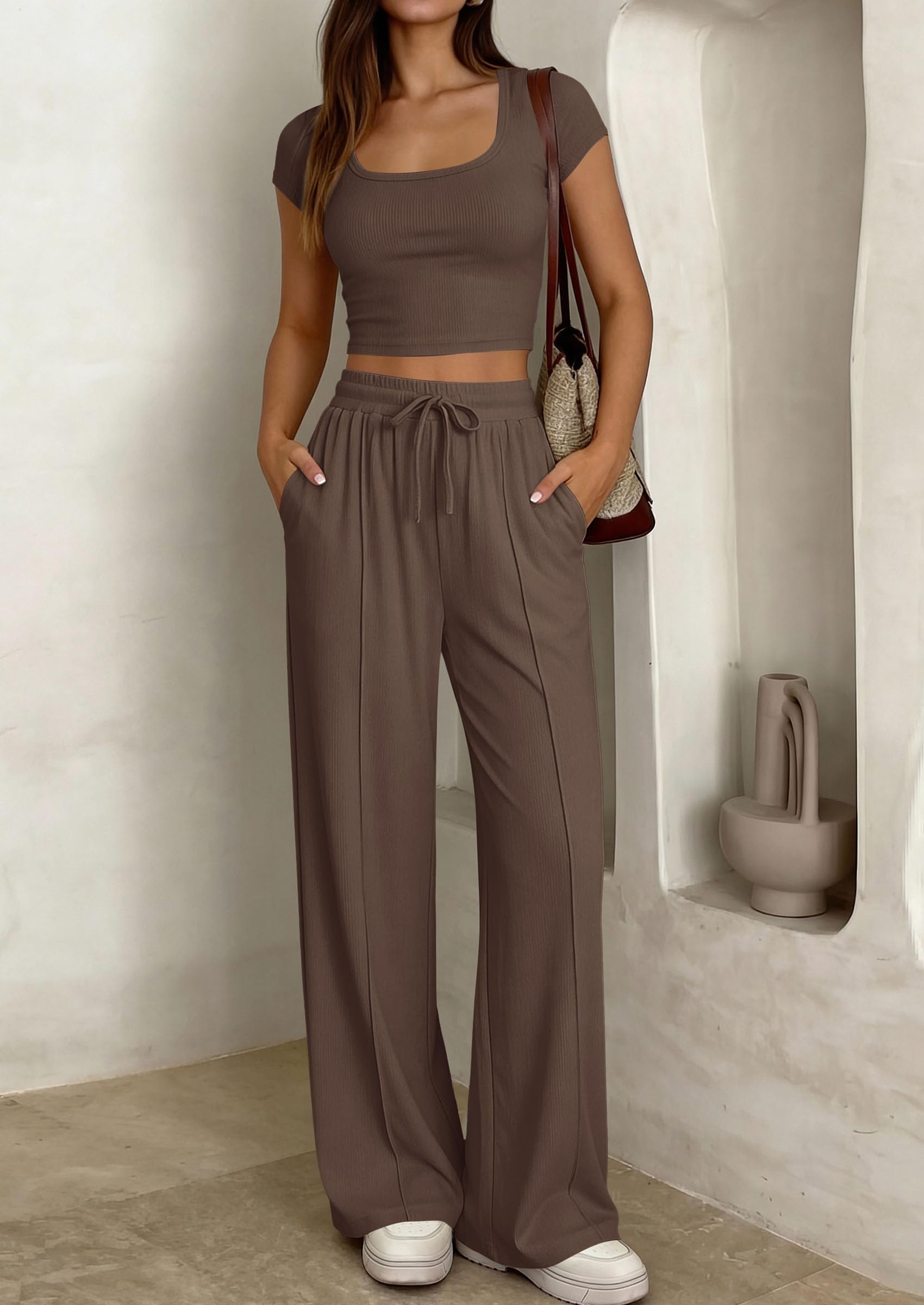 PRETTYGARDEN Women's 2 Piece Matching Lounge Sets Ribbed Short Sleeve Crop Tops Wide Leg Pants Summer Airport Outfits PRETTYGARDEN