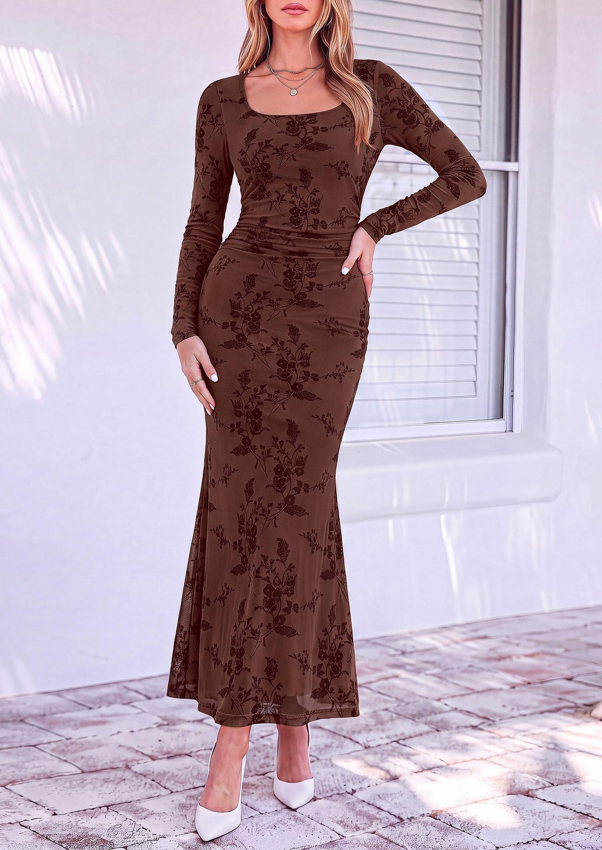 PRETTYGARDEN Women's Long Sleeve Floral Maxi Bodycon Dress  Cocktail Dresses for Wedding Guest, Square Neck, Stretchy Mesh, Elegant Classy, Formal Holiday Party, Fall Date Night Outfits