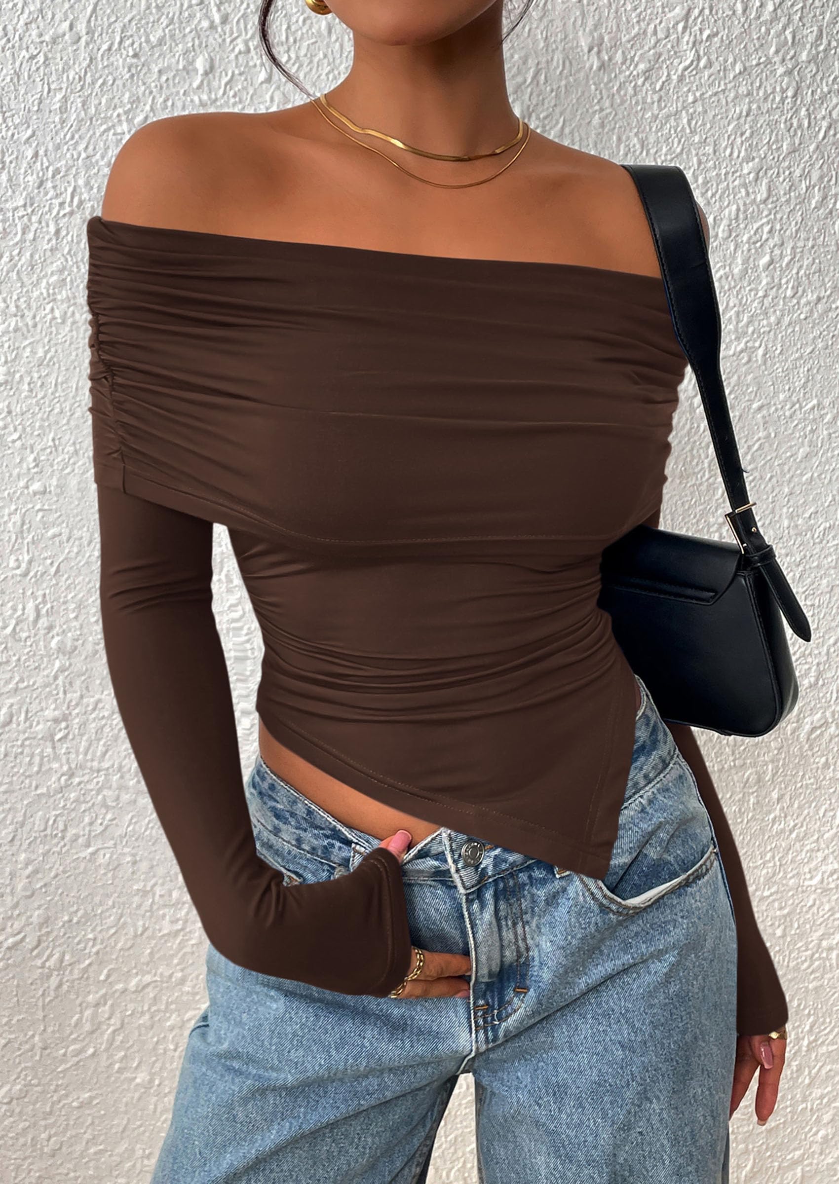 PRETTYGARDEN Women's Long Sleeve Shirts Off Shoulder Tops Going Out Slim Fitted Y2K Blouses Fall Fashion Clothes