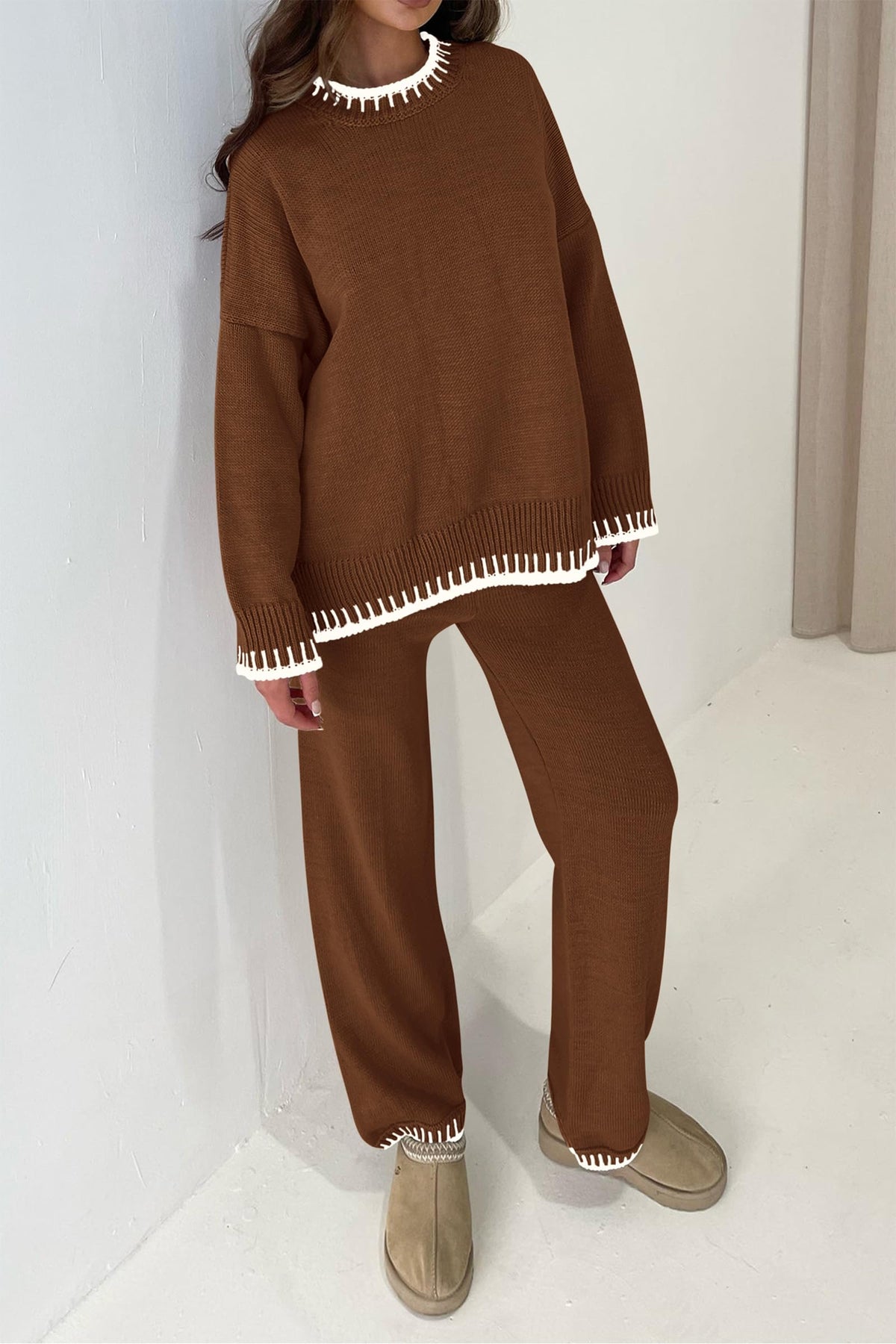 2 Piece Knitted Casual Long Sleeve Pullover Wide Leg Pant Set