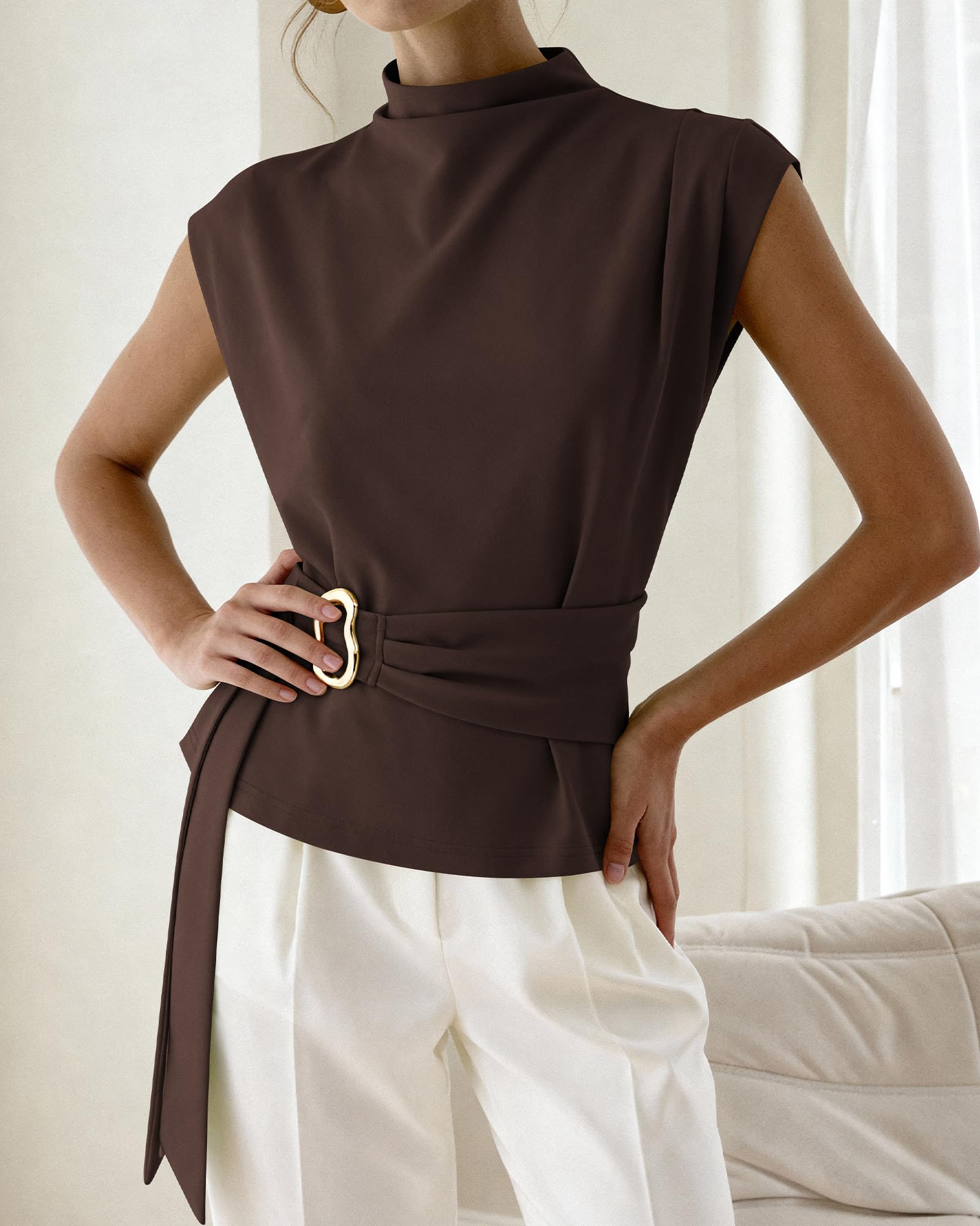 PRETTYGARDEN Women Blouses Spring Dressy Cap Sleeve Mock Neck Work Shirts Buckle Tunic Summer Business Casual Tops PRETTYGARDEN