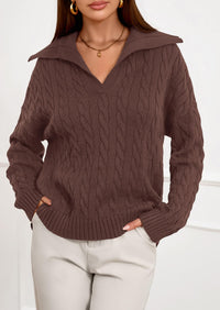 PRETTYGARDEN Fall Cable Knit Oversized Sweaters for Women Polo V Neck Long Sleeve Casual Chunky Sweater Pullover Tops PRETTYGARDEN