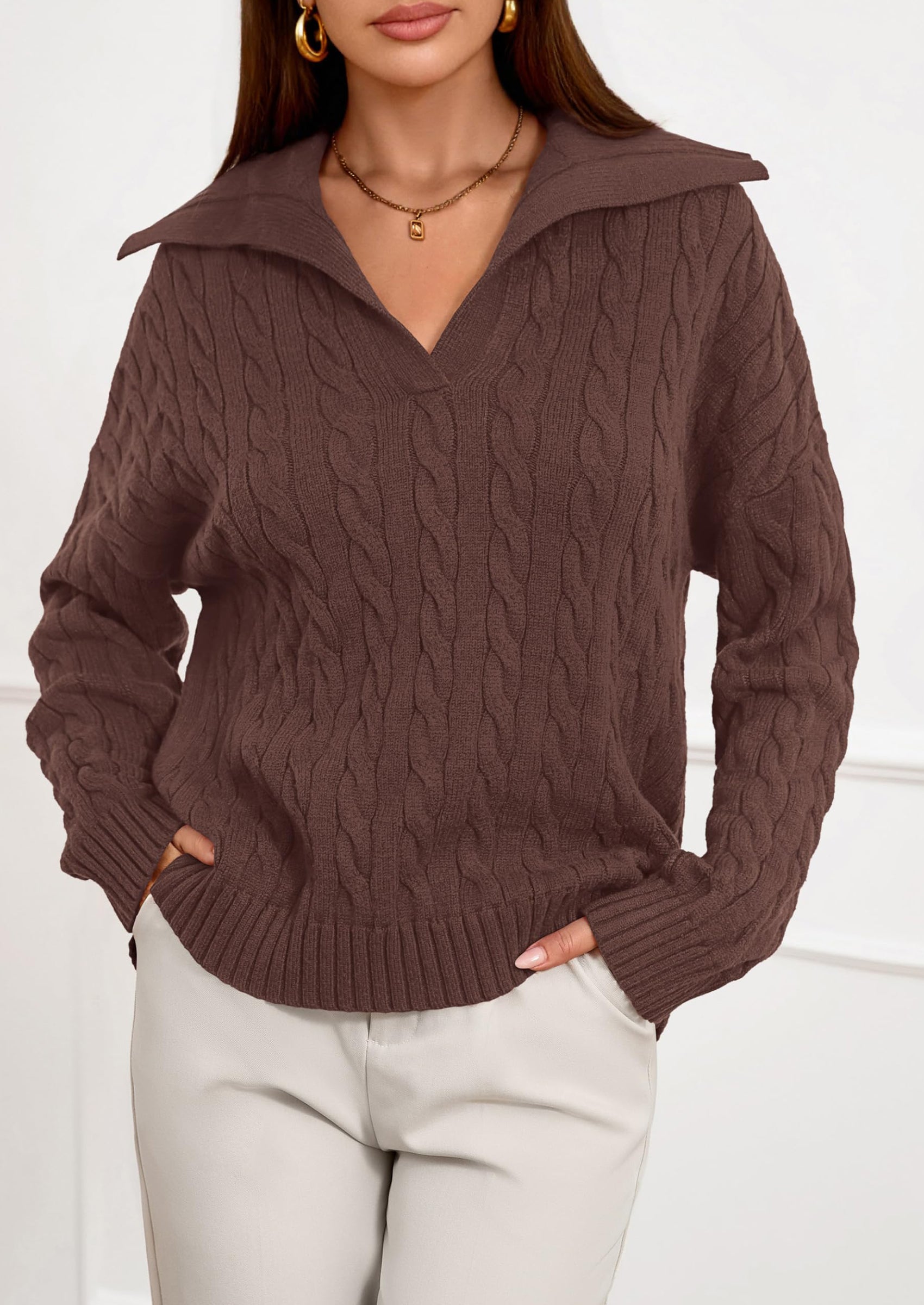 PRETTYGARDEN Fall Cable Knit Oversized Sweaters for Women Polo V Neck Long Sleeve Casual Chunky Sweater Pullover Tops PRETTYGARDEN