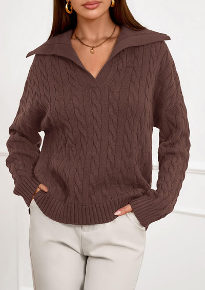 PRETTYGARDEN Fall Cable Knit Oversized Sweaters for Women Polo V Neck Long Sleeve Casual Chunky Sweater Pullover Tops PRETTYGARDEN