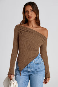 Long Sleeve Y2K Crop Top Trendy Off Shoulder Asymmetrical Fitted Knit Tee Shirts Going Out Tops