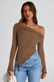 Long Sleeve Y2K Crop Top Trendy Off Shoulder Asymmetrical Fitted Knit Tee Shirts Going Out Tops