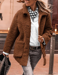 Winter Faux Fur Coats Long Sleeve Lapel Button Down Pockets Fleece Sherpa Jacket Casual Trendy Outerwear